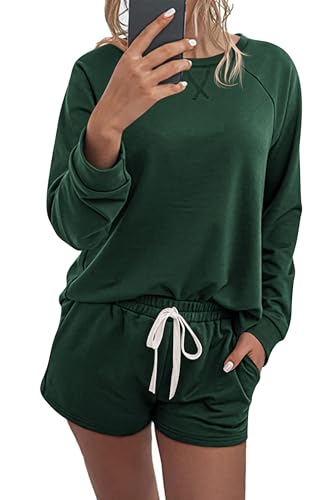 PRETTYGARDEN Womens 2 Piece Long Sleeve Tops With Lounge Shorts Sleepwear - Large - Solid Dark Green