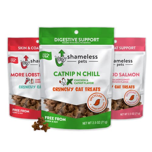 SHAMELESS PETS Cat Treats - Crunchy Treats for Cats with Catnip, Coat, & Digestive Support, Sustainable Upcycled Natural Ingredients & Real Meat, Low Calorie Healthy Feline Food - Variety, 3-Pk - Variety