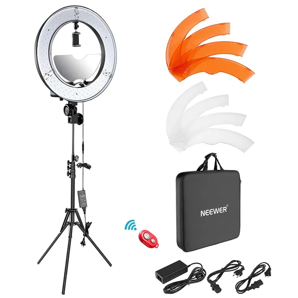 Neewer LED Ring Light 18-inch Outer Diameter 55W 5500K with Top/Bottom Dual Hot Shoe, Mirror, Smartphone Holder, Light Stand, Soft Tube, Color Filter for Makeup Portrait Video Shooting(US Plug)