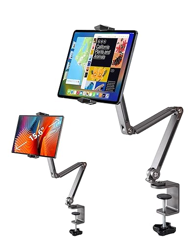 Premium Aluminum Alloy Tablet Stand for Desk, Adjustable Foldable iPad Arm Mount Phone Holder Compatible with iPad Pro Air 13/12.9/11 Mini, iPad 10/9th, Portable Monitor 15.6,Samsung Galaxy Tab,Kindle