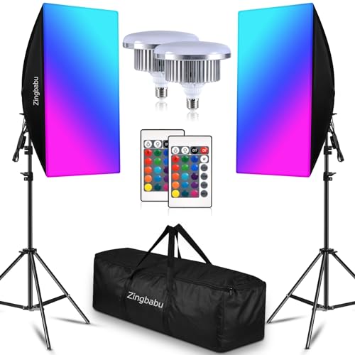 Softbox Lighting Kit, Zingbabu Continuous Photography Lighting Kit with 2 Pack 150W 3200-6000K RGB LED Bulb with Stand and Carry Bag for YouTube Video Photography - 2P