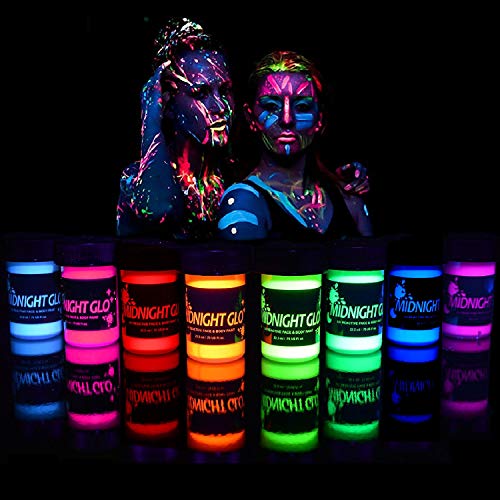 Midnight Glo Black Light Face and Body Paint (Set of 8 Bottles 0.75 oz. Each) - Neon Fluorescent Paint Safe On Skin, Washable, Non-Toxic - 0.75 Fl Oz (Pack of 8)