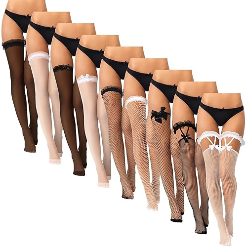 Hicarer 9 Pair Women Thigh High Fishnet Stockings Silky Thigh High Stockings Lace Thigh High Socks over the Knee Fishnet Sock - One Size - Charming Style