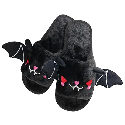 Halloween Bat Animal Slippers Soft Plush Cozy Open Toe Women Indoor or Outdoor Fuzzy Slippers Halloween Gifts For Girls Women Girlfriend - 7-8 - Black