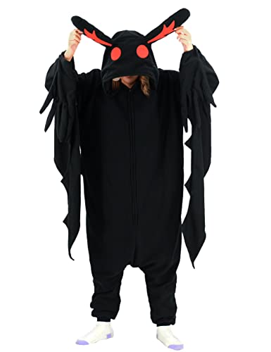 Mothman Costume Halloween Onesie Adult Pajamas Cosplay Animal Homewear Sleepwear Jumpsuit Costume for Women Men - Large - Black