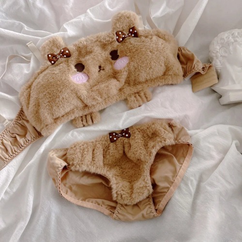 Fuzzy Teddy Bear Lingerie Set | Bra & Panty Set / M