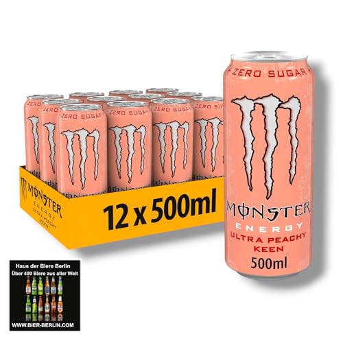 Monster Energy Ultra Peachy Keen - Zero Sugar Energy Drink- Neu! 12 x 500ml Dose- Inklusive Haus der Biere Berlin Bierdeckel