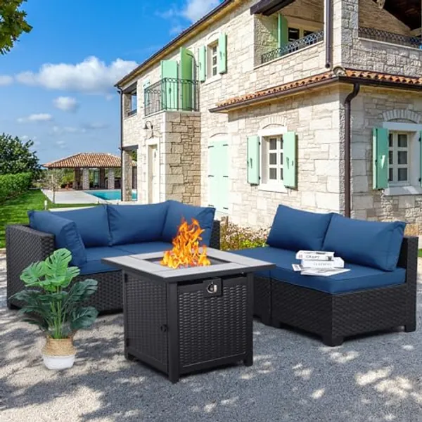 Outdoor Patio PE Wicker 5 Piece Furniture Set, Black Rattan Sectional Conversation Sofa Chair with Square Propane Fire Pit Table, Navy Blue Cushion