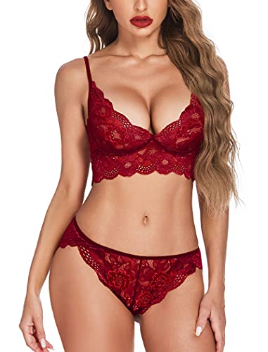 ADOME Women's Lace Lingerie Bra and Panty Set Strappy Babydoll Bodysuit S-XXL - Small - 1dark Red