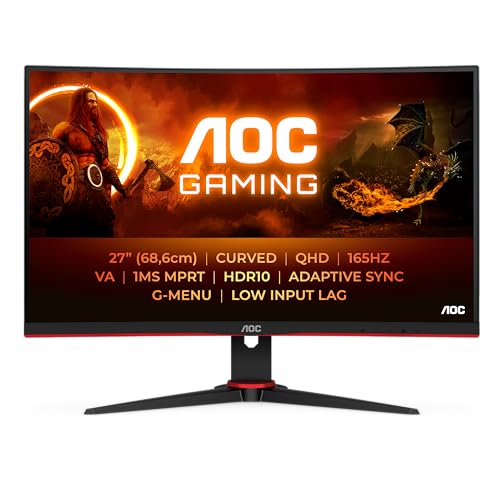 AOC Gaming CQ27G2SE - 27 Inch QHD Monitor, 165Hz, VA, 1ms, FreeSync Premium, Low Input Lag, Shadow Comtrol, Game Modes (2560 x 1440 @ 165Hz, 250 cd/m, HDMI 2.0 x 2 / Display Port 1.2) - NO USB - 27 inch QHD Curved - 144Hz