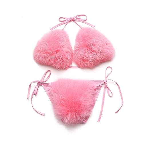 ZOSCGJMY Women's Faux Fur Halter String Triangle Bikini Sets Two Piece Swimsuits - One Size - Pink