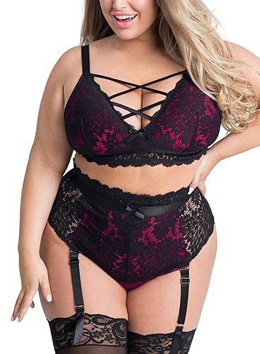 EVELUST Plus Size Lingerie for Women - Sexy Luxe Criss-cross Bra Lace Cup Classic Underwear High Waisted Suspender Set - 4X-Large - Black Rose