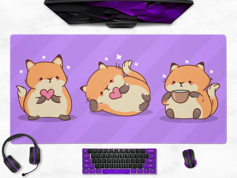 Kawaii Fox Cute Desk Mat, Purple Gaming Large Mouse Pad XXL