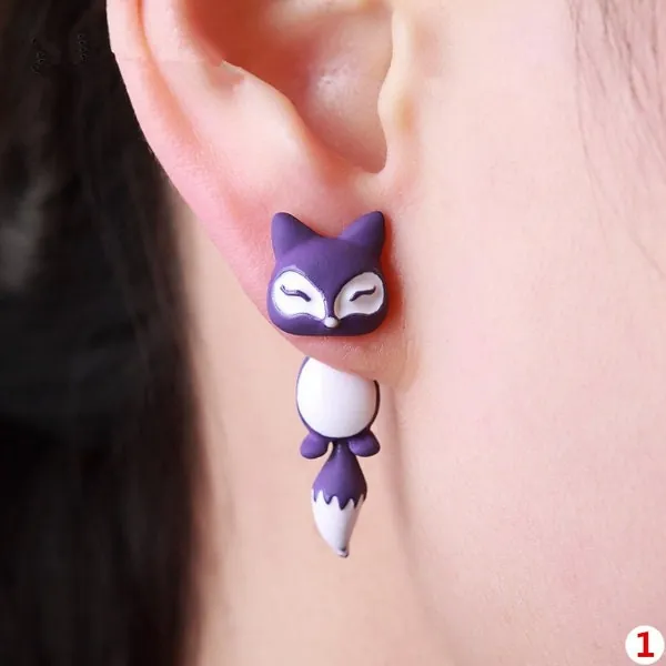 Cute Purple Fox 3D Stud Earrings - Great Gift, Women, Girl Animal Jewelry