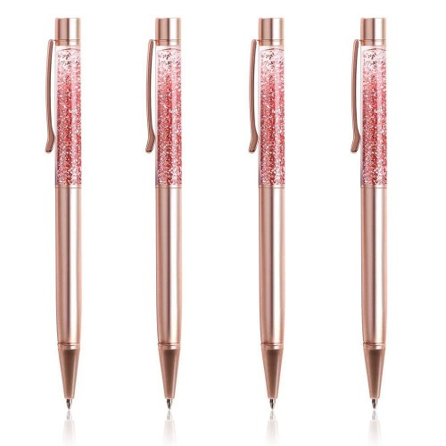 Ballpoint Pens, BYSOU 4pcs Rose Gold Metal Pen Refills Bling Dynamic Liquid Sand Pen Black Ink for Office Supplies
