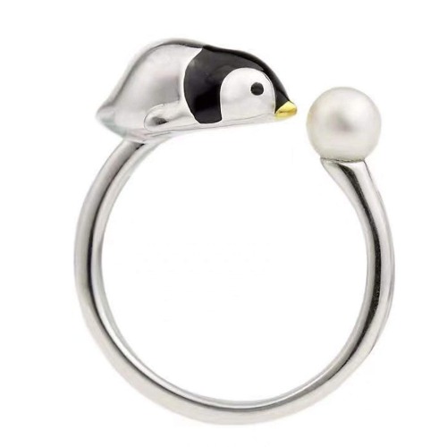 Adjustable Solid Sterling Silver with Rhodium Plated Ring Setting for Half drilled Pearl or Bead, Enamel Pearl mounts, Penguin Ring Blank - 