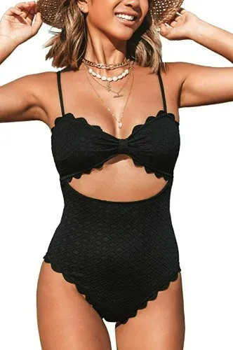CUPSHE Women's One Piece Swimsuit Sexy Black Cutout Scallop Trim Bathing Suit, M at Amazon Women’s Clothing store