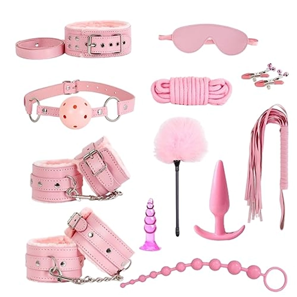 BDSM Restraints Sex Toys 12 Pcs Bondage Restraints Set Fetish Bed Restraints Kits for Beginners Anal Toys Ball Gag Handcuffs and Ankle Cuffs Blindfold Rope SM Adult Games for Couples - Pink