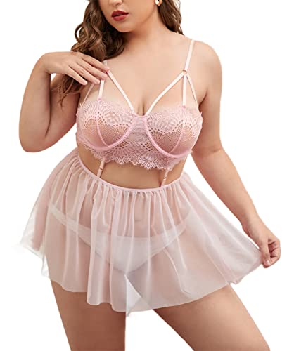 Pyroluna Women's Sexy Plus Size Lingerie Sheer Lace Babydoll Strappy Exotic Sleepwear Eyelash Split Cup Chemise XL-4XL - 3X-Large - Pink