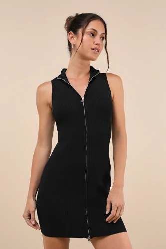 Enchanting Edge Black Ribbed Sleeveless Zip-Front Mini Dress