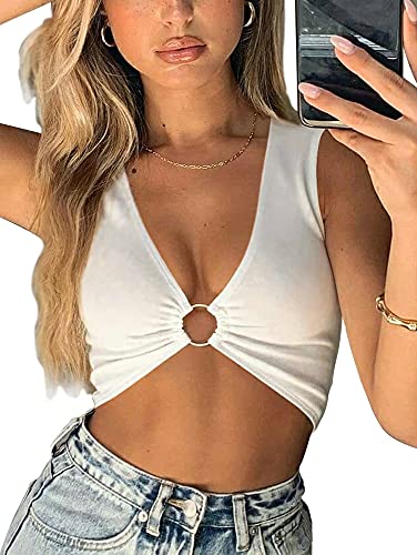 AEVZIV Sexy Crop Tops for Women Sleeveless Deep V Neck Workout Tops Plunge Ring Cleavage Cropped Tank Top - Small - White