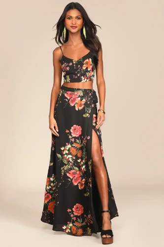 Bloom With a View Black Floral Print Two-Piece Maxi Dress