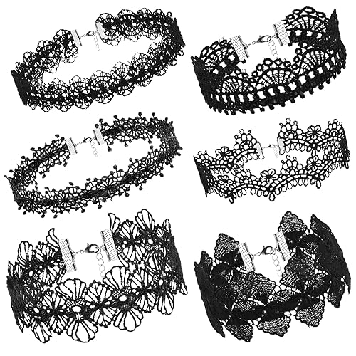 Yolev 6 Stück Schwarz Choker Halskette Set Stretch Halsketten Schwarz Spitze Tattoo Choker Gothic Halskette für Frauen Mädchen, Schwarz, Einheitsgröße