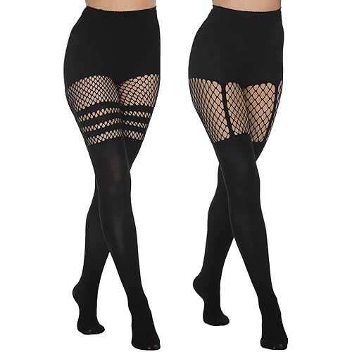 MANZI Netzstrumpfhosen Damen Schwarz Blickdichte Overknee Strümpfe Fischnetz Strumpfhose mit Muster 2 Paar - Einheitsgröße - Stil-1