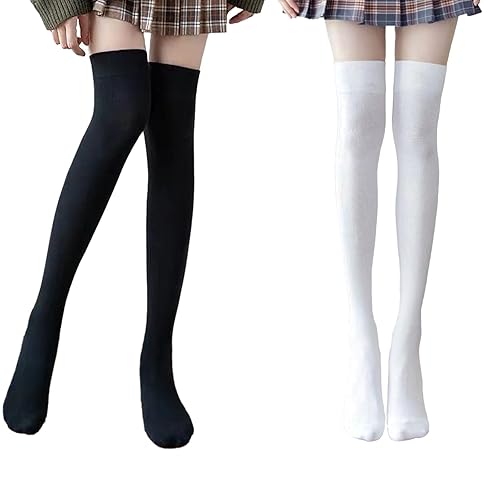 KEYRI 2 Paar Kniestrümpfe Overknees Strümpfe, Lange Strümpfe Wadenstrümpfe Strick Socken Gestapelte Socken Hohe Socken Damen, Einheitsgröße Freizeitsocken für Kurze Röcke - Schwarz+Weiß - Baumwolle