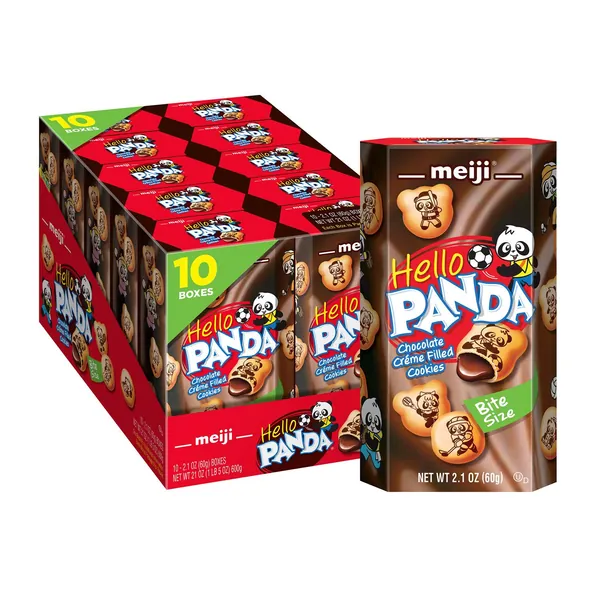 Meiji Hello Panda Cookies, Chocolate Crème Filled - 2.1 oz, Pack of 10 - Bite Sized Cookies with Fun Panda Sports - Chocolate