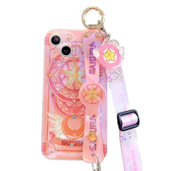for iPhone 13 Pro Max Case Cover, Cute Japan Anime Sailor Moon Case with Wrist Bracelet Holder Strap Lanyard Diamond Glitter Soft Phone Case Back Cover (for iPhone 13 Pro Max, Sakura) - for iPhone 13 Pro Max Sakura