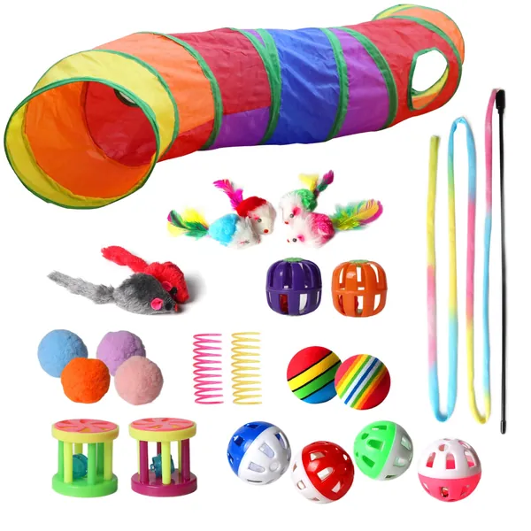 Cat Toys Kitten Toys Assortments,Collapsible Rainbow Cat Tunnels for Indoor Cats, Cat Toys Ball, Bells, Interactive Cat Feather Teaser Toy,Fluffy Mouse, Spring Toy Set for Kitty,Kitten (30Packs/24Packs ) - 24PCS-Colorful