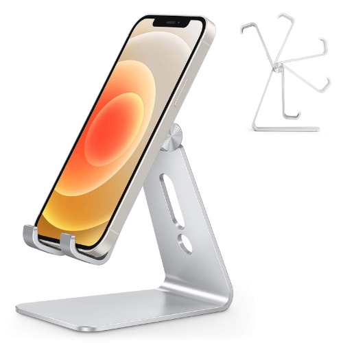 Adjustable Cell Phone Stand, OMOTON C2 Aluminum Desktop Phone Holder Dock Compatible with iPhone 13 Pro Max/ 13 Pro/ 13/ 13 Mini and Other Smart Phones, Silver - silver