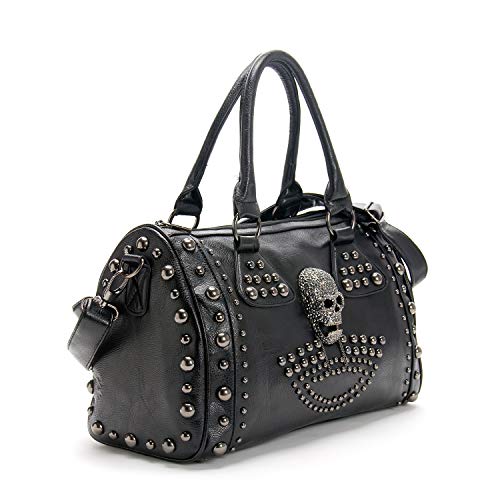 AlwaySky Women Skull Handbag Large Capacity Gothic Shoulder Bag Studded Doctor Handbag - Black