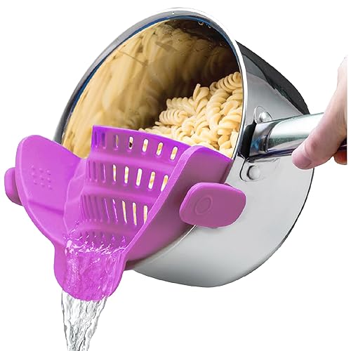 Kitchen Gizmo Snap N Strain Pot Strainer and Pasta Strainer - Strainers and Colanders - Adjustable Silicone Clip On Strainer for Pots, Pans, and Bowls - Kitchen Colander - Purple - Purple
