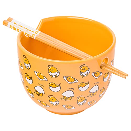 Silver Buffalo Sanrio Gudetama I can't Lazy Yellow Egg Ceramic Ramen Noodle Rice Bowl with Chopsticks, Microwave Safe, 20 Ounces - I can't Lazy Yellow Egg