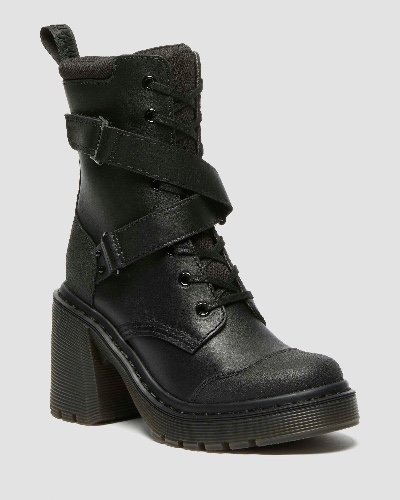 Chesney Tech Strap Eight Eye Heeled Boots in Black | Dr. Martens