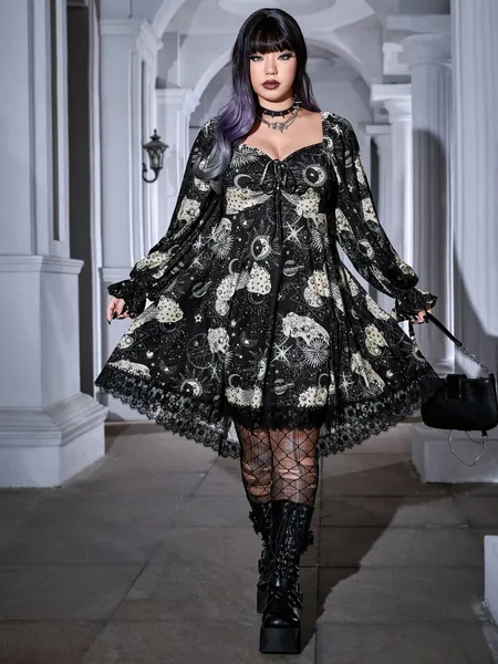 ROMWE PUNK Plus Galaxy Print Flounce Sleeve Lace Trim Dress