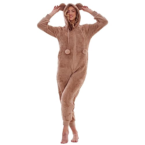 Keanu Womens Thick Snuggle Hooded Onesie - Luxury Warm Fleece Novelty Onesie with Pom Poms - Rose Gold, Snow Grey & Black - Sizes 8-20 - 8-10 - Taupe