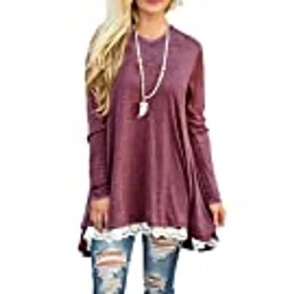 WEKILI Women's Tops Long Sleeve Lace Scoop Neck A-line Tunic Blouse