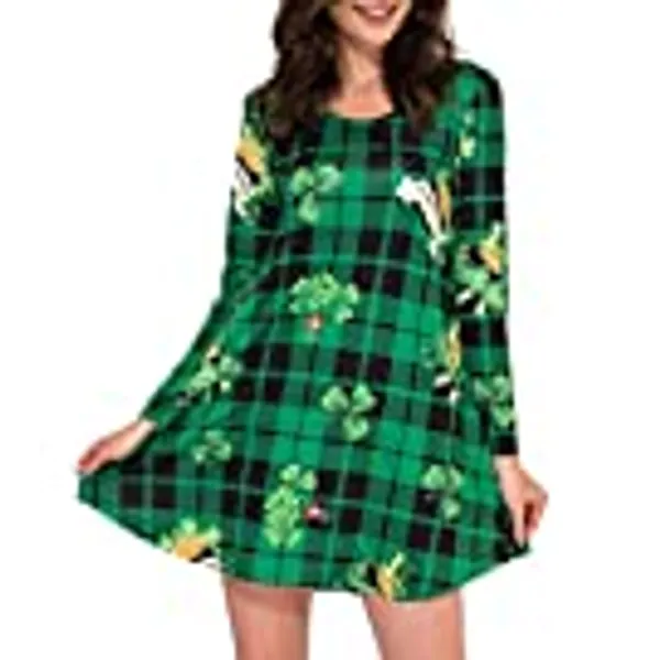 Aphratti Women's Long Sleeve St Patricks Cute Clover Print Casual Flare Dress