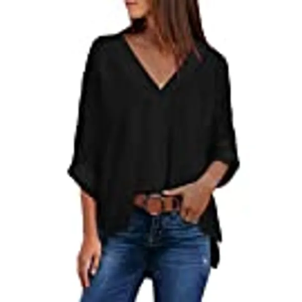 BLENCOT Women Casual Solid Cuffed Tab Long Sleeve High Low V Neck Blouse Tops Summer Shirts