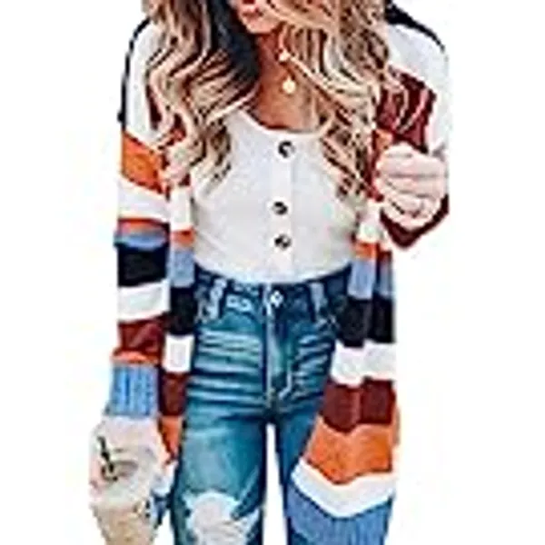ECOWISH Womens Cardigan Color Block Striped Draped Kimono Cardigans Long Sleeve Open Front Casual Knit Sweaters Coat Outwear