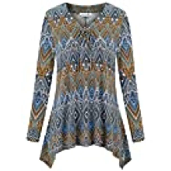 kissmay Plus Size Women Florals Tunics Tops V Neck Loose Fit Casual Boho Blouses