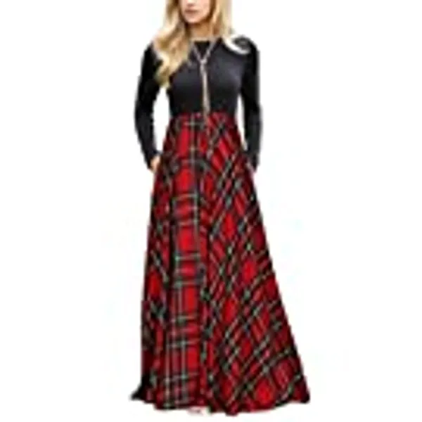 MEROKEETY Women's Long Sleeve Plaid Empire Waist Full Length Maxi Dress with Pockets