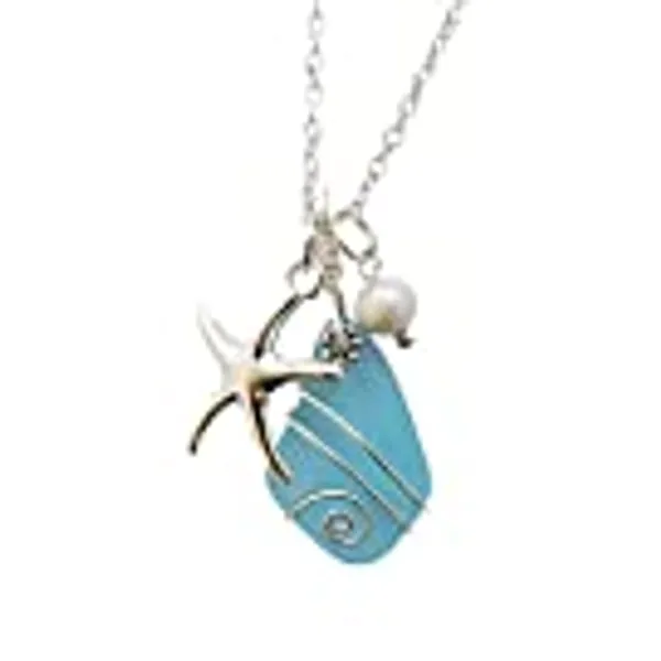 Yinahawaii Sea Glass Necklace, Hawaiian Jewelry For Women, Wire Turquoise Blue Necklace, Pearl Starfish Necklace Beach Jewelry, Sea Glass Jewelry Beach Necklace, Birthday Gift (December Birthstone)