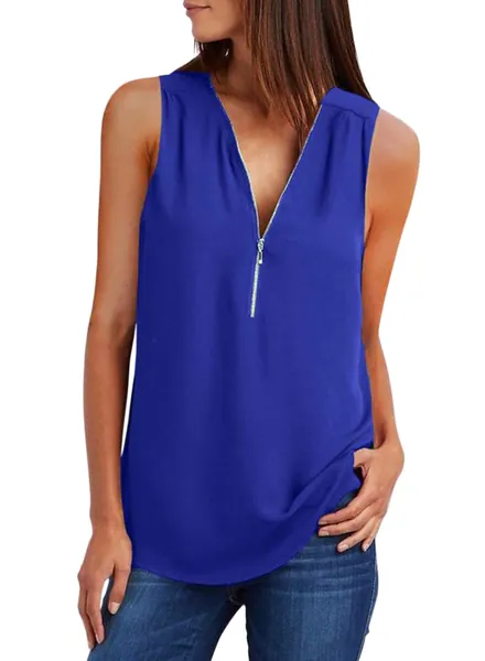 ZKESS Womens Casual Sleeveless V Neck Cuffed Pleated Zip Up Blouse Shirts Blue XXL 18 20