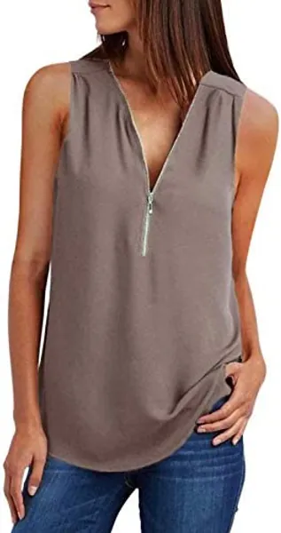 ZKESS Women's Sleeveless V Neck Half Zip Up Tank Tops Casual Blouse Tunic Shirt Khaki XX-Large