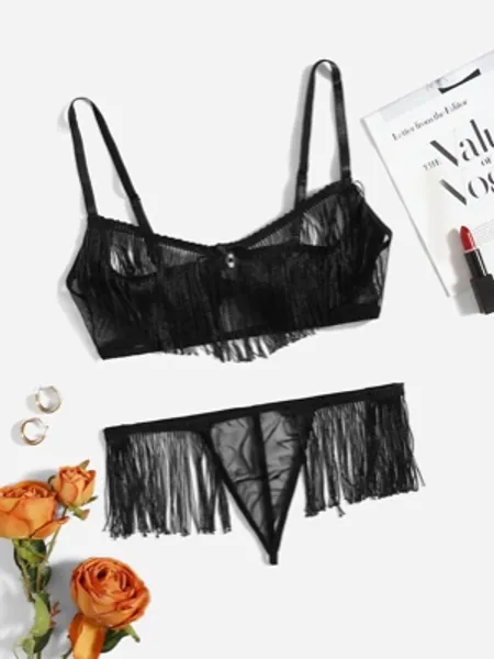 Fringe Trim Mesh Lingerie Set