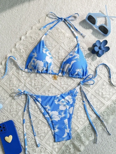 SHEIN Swim Mod Floral Print Halter Neck Crop Tank Top And Side Tie Bikini Set, Summer Beach Vacation